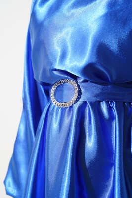 Yarasa Kol Saten Elbise Saks - Tesettür Elbise