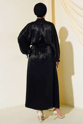 Yarasa Kol Saten Elbise Siyah - Thumbnail