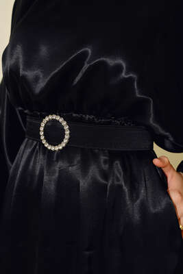 Yarasa Kol Saten Elbise Siyah - Thumbnail