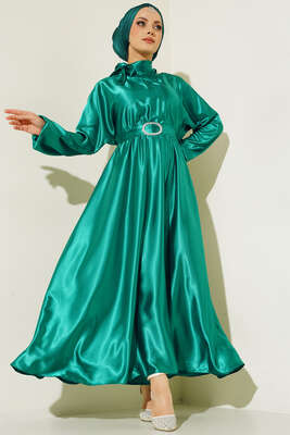 Yarasa Kol Saten Elbise Yeşil - Tesettür Elbise