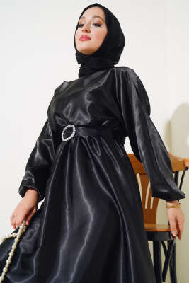 Yarasa Kol Saten Elbise Siyah - Tesettür Elbise