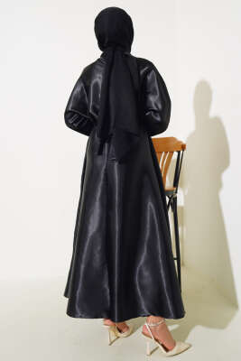 Yarasa Kol Saten Elbise Siyah - Tesettür Elbise