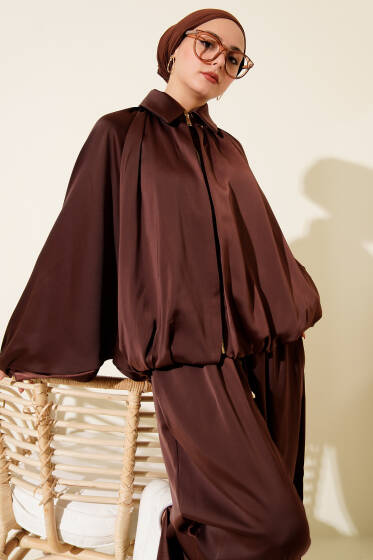 Yarasa Kol Saten Salaş İkili Takım Kahve - İkili Takım