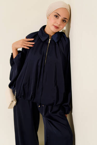 Yarasa Kol Saten Salaş İkili Takım Lacivert - İkili Takım