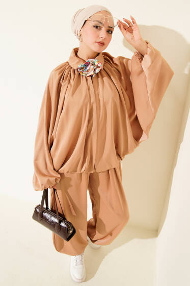 Yarasa Kol Saten Salaş İkili Takım Latte - İkili Takım