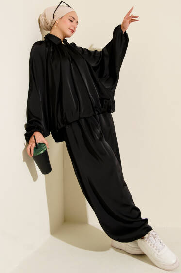 Yarasa Kol Saten Salaş İkili Takım Siyah - İkili Takım