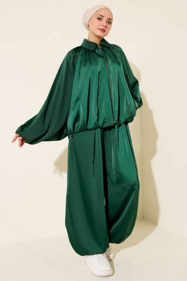 Yarasa Kol Saten Salaş İkili Takım Zümrüt Yeşili - İkili Takım