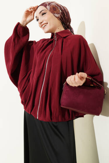 Yarasa Kol Tensel Kısa Ceket Bordo - Ceket