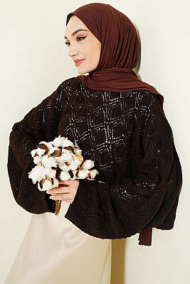 Yarasa Kol Triko Ajur Kazak Acı Kahve - VANİZA TRİKO