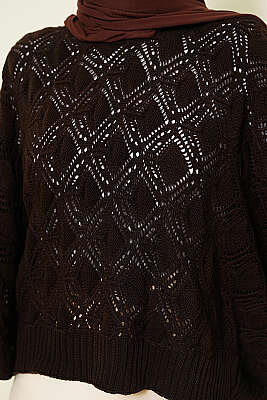 Yarasa Kol Triko Ajur Kazak Acı Kahve - Triko Kazak