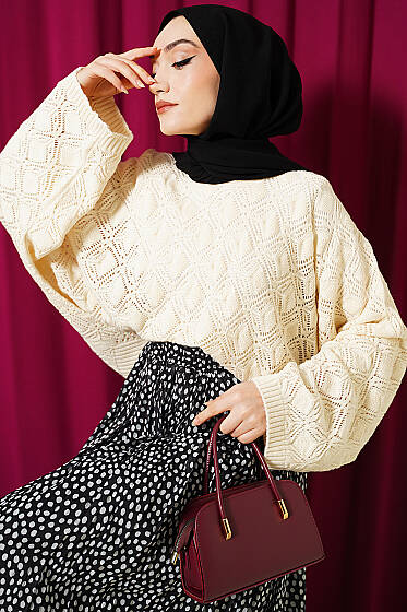 Yarasa Kol Triko Ajur Kazak Bej - Triko Kazak