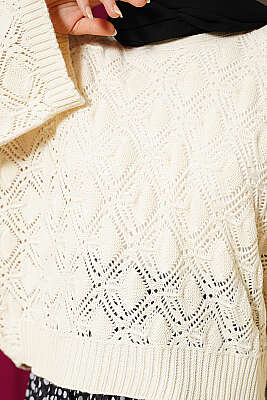 Yarasa Kol Triko Ajur Kazak Bej - Triko Kazak