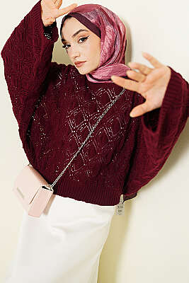 Yarasa Kol Triko Ajur Kazak Bordo 