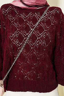 Yarasa Kol Triko Ajur Kazak Bordo - Triko Kazak