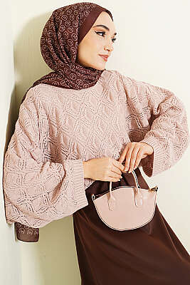 Yarasa Kol Triko Ajur Kazak Pudra - VANİZA TRİKO