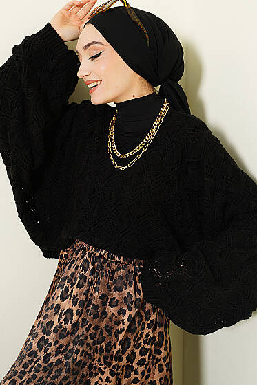 Yarasa Kol Triko Ajur Kazak Siyah - Triko Kazak