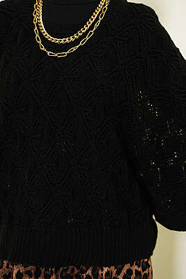 Yarasa Kol Triko Ajur Kazak Siyah - Triko Kazak