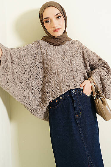 Yarasa Kol Triko Ajur Kazak Vizon - Triko Kazak