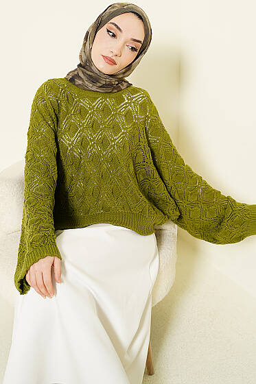 Yarasa Kol Triko Ajur Kazak Yağ Yeşili - Triko Kazak