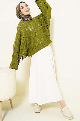 Yarasa Kol Triko Ajur Kazak Yağ Yeşili - Triko Kazak