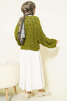 Yarasa Kol Triko Ajur Kazak Yağ Yeşili - Triko Kazak