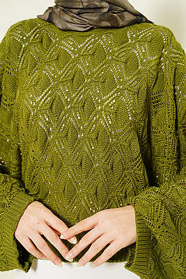 Yarasa Kol Triko Ajur Kazak Yağ Yeşili - Triko Kazak