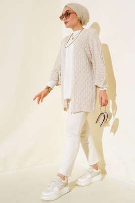 Yarasa Kol Triko Hırka Bej - Triko Hırka