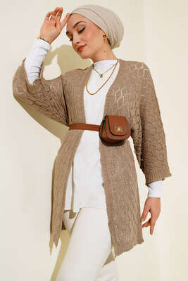 Yarasa Kol Triko Hırka Vizon - Triko Hırka