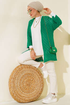 Yarasa Kol Triko Hırka Yeşil - Triko Hırka