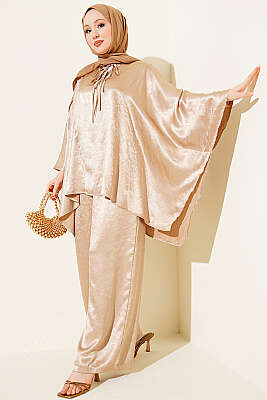 Yarasa Kol V Yaka Saten İkili Takım Bej - HATUN