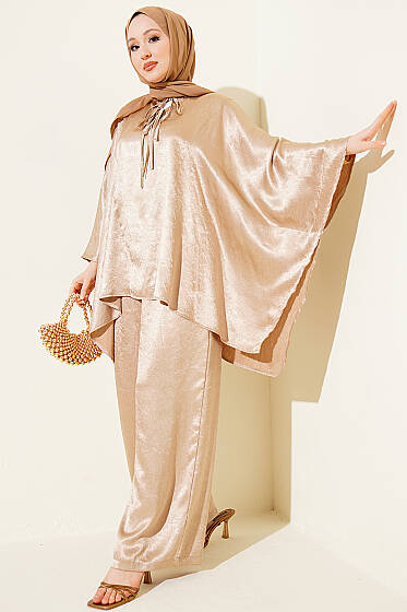 Yarasa Kol V Yaka Saten İkili Takım Bej - İkili Takım