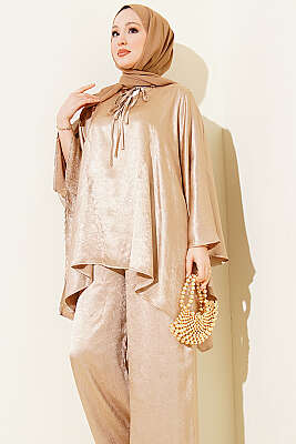 Yarasa Kol V Yaka Saten İkili Takım Bej - İkili Takım