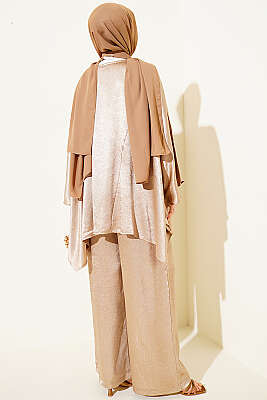 Yarasa Kol V Yaka Saten İkili Takım Bej - İkili Takım