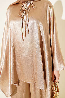 Yarasa Kol V Yaka Saten İkili Takım Bej - İkili Takım