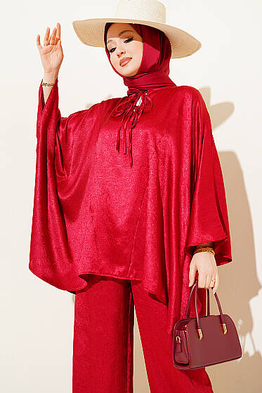 Yarasa Kol V Yaka Saten İkili Takım Bordo - İkili Takım