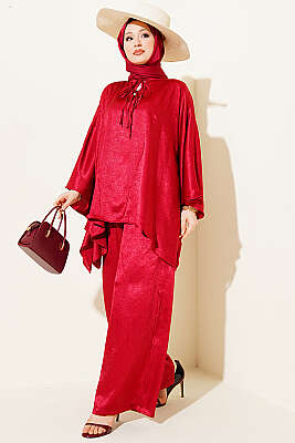 Yarasa Kol V Yaka Saten İkili Takım Bordo - İkili Takım