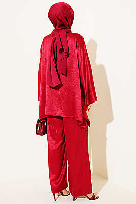 Yarasa Kol V Yaka Saten İkili Takım Bordo - İkili Takım