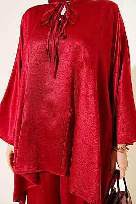 Yarasa Kol V Yaka Saten İkili Takım Bordo - İkili Takım