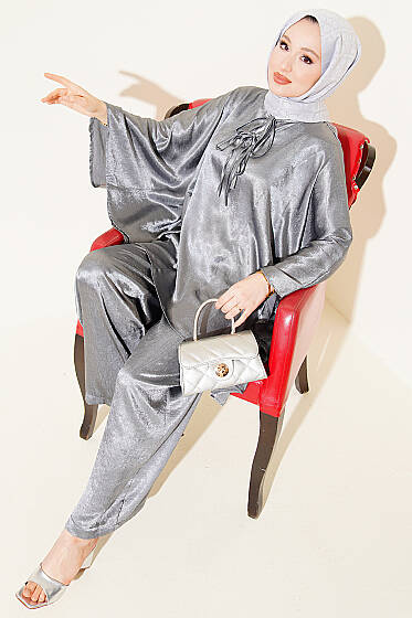 Yarasa Kol V Yaka Saten İkili Takım Gri - İkili Takım