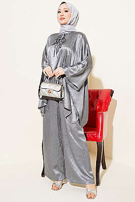 Yarasa Kol V Yaka Saten İkili Takım Gri - İkili Takım