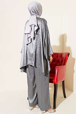 Yarasa Kol V Yaka Saten İkili Takım Gri - İkili Takım