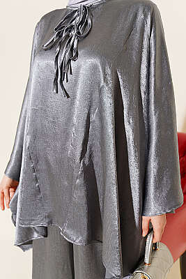 Yarasa Kol V Yaka Saten İkili Takım Gri - İkili Takım