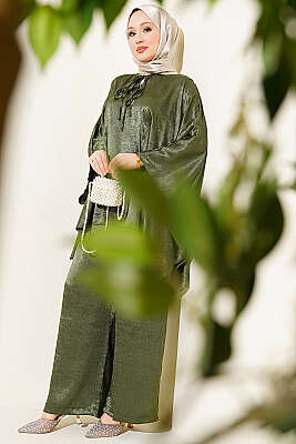 Yarasa Kol V Yaka Saten İkili Takım Haki - HATUN