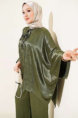 Yarasa Kol V Yaka Saten İkili Takım Haki - İkili Takım