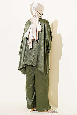 Yarasa Kol V Yaka Saten İkili Takım Haki - İkili Takım