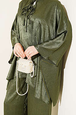 Yarasa Kol V Yaka Saten İkili Takım Haki - İkili Takım