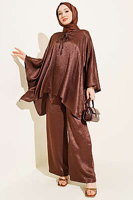 Yarasa Kol V Yaka Saten İkili Takım Kahve - HATUN