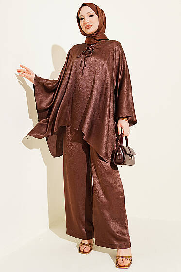 Yarasa Kol V Yaka Saten İkili Takım Kahve - İkili Takım