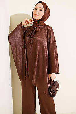 Yarasa Kol V Yaka Saten İkili Takım Kahve - İkili Takım