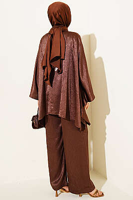 Yarasa Kol V Yaka Saten İkili Takım Kahve - İkili Takım